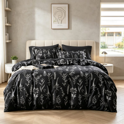 Ensemble de couette réversible noire à motifs botaniques pour lit California King, 7 pièces dans un sac