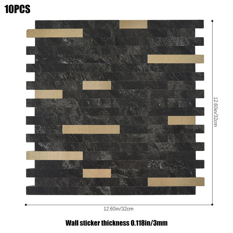 10Pcs Self-Adhesive Marble Wall Tile Stickers, Black/Gold