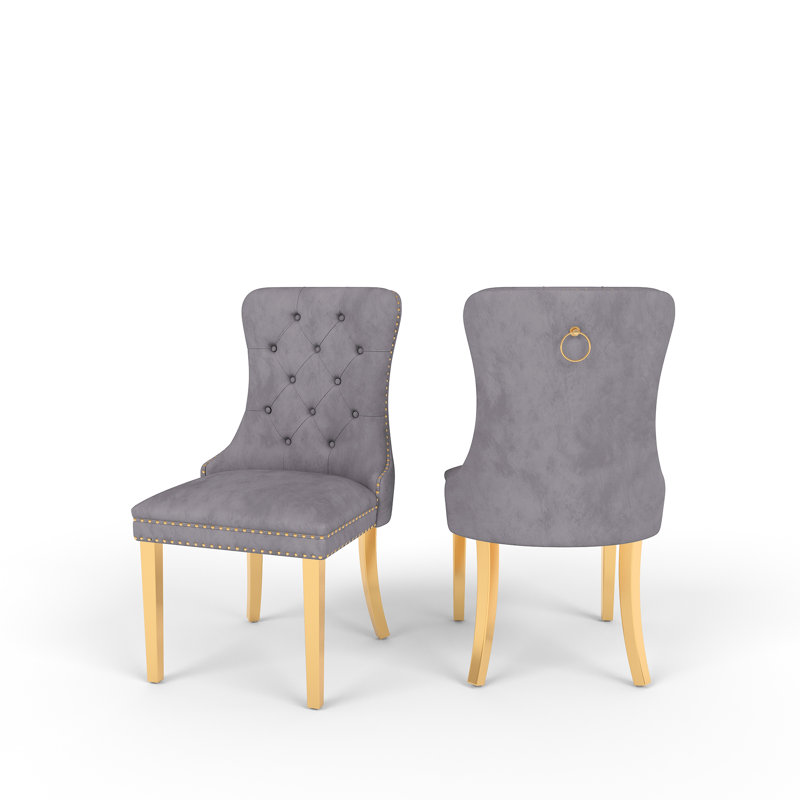 Tufted Velvet Upholstered Wingback  Dining Chair, Gray, Gold