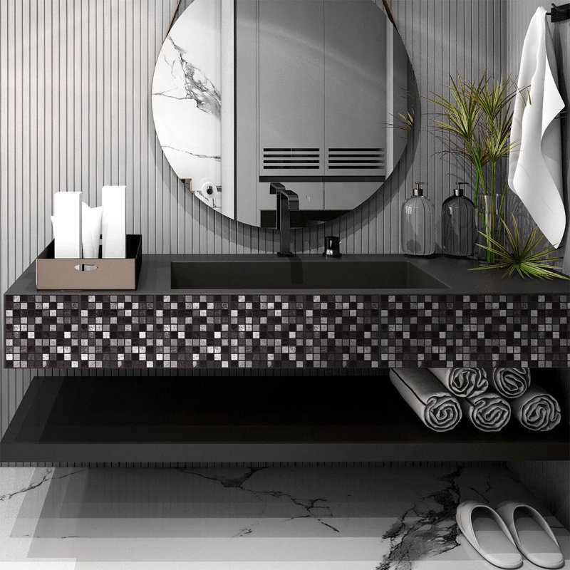 Marquina Metallic Marble Mosaic Wall Tile Sticker Set 15cm x 15cm, Black