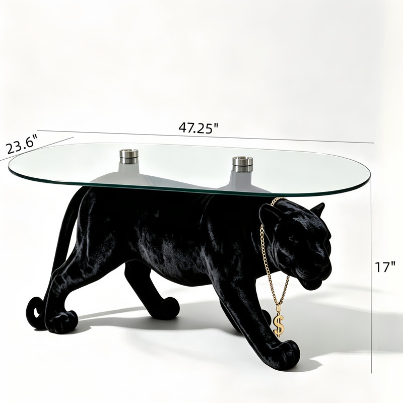Table basse noire avec sculpture de panthère floquée, plateau ovale en verre trempé ambré, table basse Art Decor pour le salon