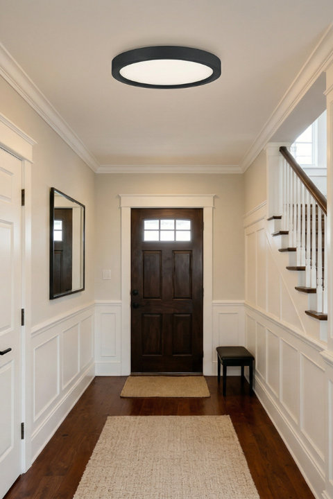 Modern black round flush mount ceiling light installed in a bright home entryway with a dark wood front door, white wainscoting, and a staircase.