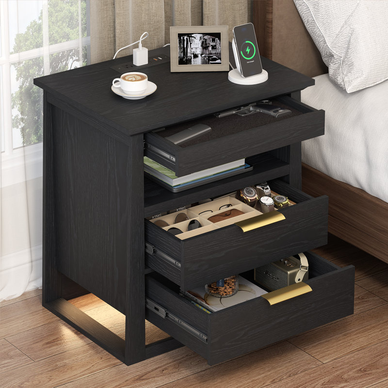 24'' Tall 2 -Drawer End Tables with Storage and Built-in  Outlets,Sensing Led Lights for Living Room,Bedroom, 1 Piece