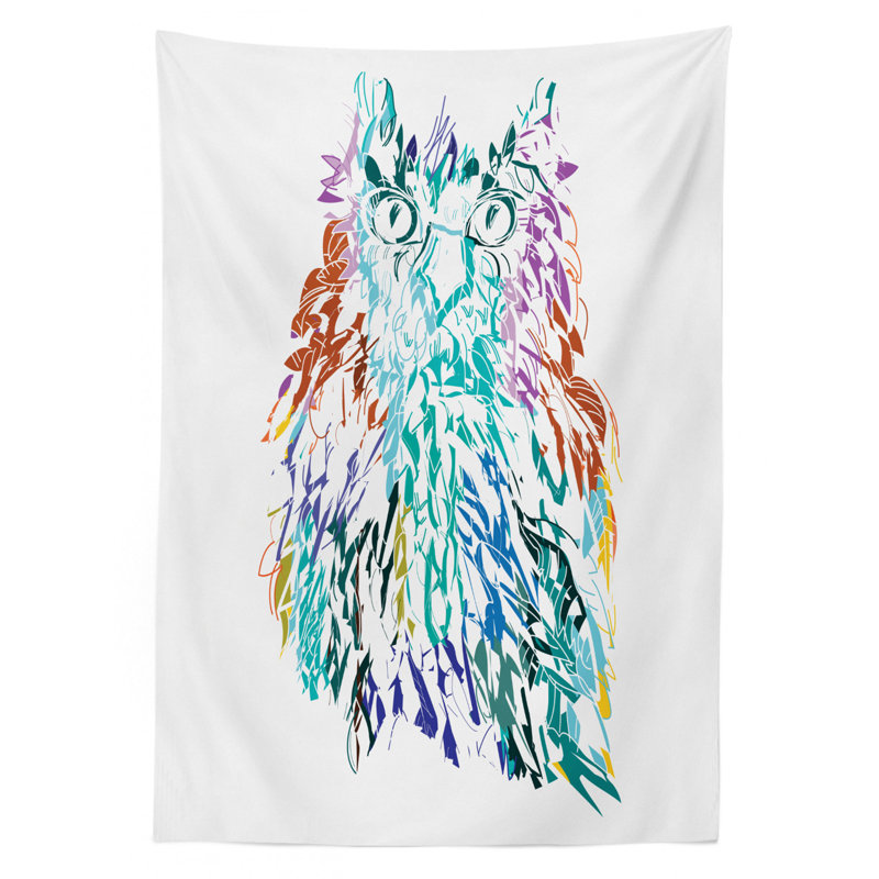 Ambesonne Owl Tablecloth, Owl Fluffy Swollen Colorful Feathers Large Eyes Vision Sage Camouflage Character Image, Rectangular Table Cover For Dining Room Kitchen Decor, 52" X 70", Multicolor