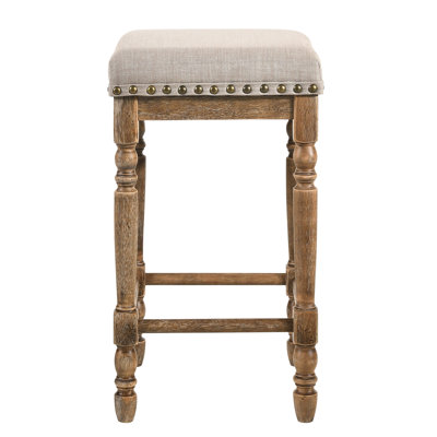 Tabourets à hauteur de comptoir de 2 - Beige avec pieds en chêne rustique vieilli pour la cuisine et la salle à manger (2) dans les bars des îles