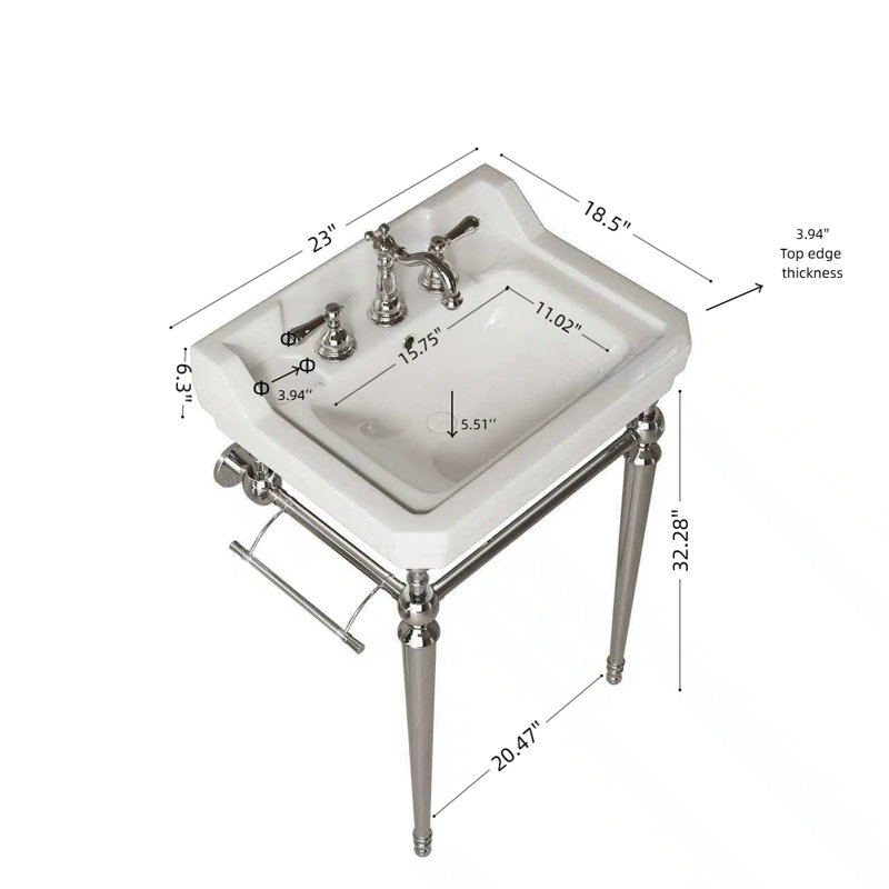 Lavabo console avec pieds en acier inoxydable Corbin, Blanc, Chrome, 23"