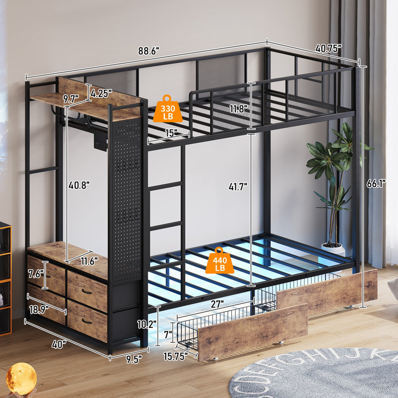 Bunk Bed Twin Over Twin With Hall Tree, Power Outlet And LED Lights, Metal Frame With 6 Drawers And 2 Hanging Rods, No Box Spring Needed, Rustic Brown