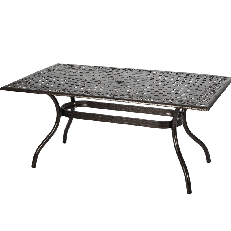 Table de jardin rectangulaire en fonte d'aluminium - Présentant une fonction florale à couper le souffle et un parasol de patio agrémenté d'un support fin