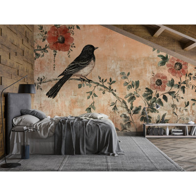 Rustic Bird Mural - Papier peint floral rétro, art mural botanique