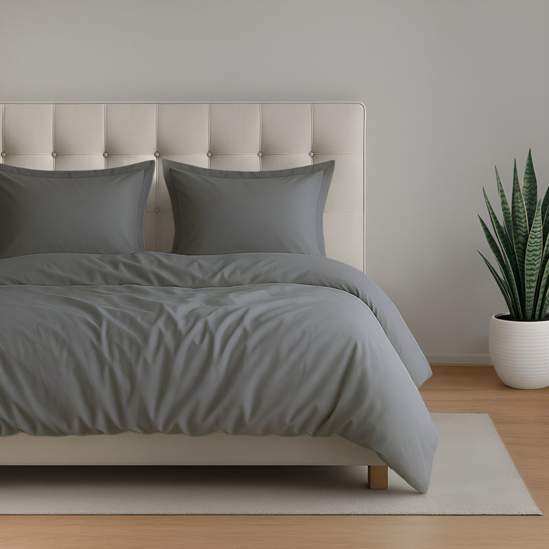 Ensemble de housse de couette 100% satin de coton tissé uni - Comprend 1 housse de couette et 2 taies décoratives, Gris acier