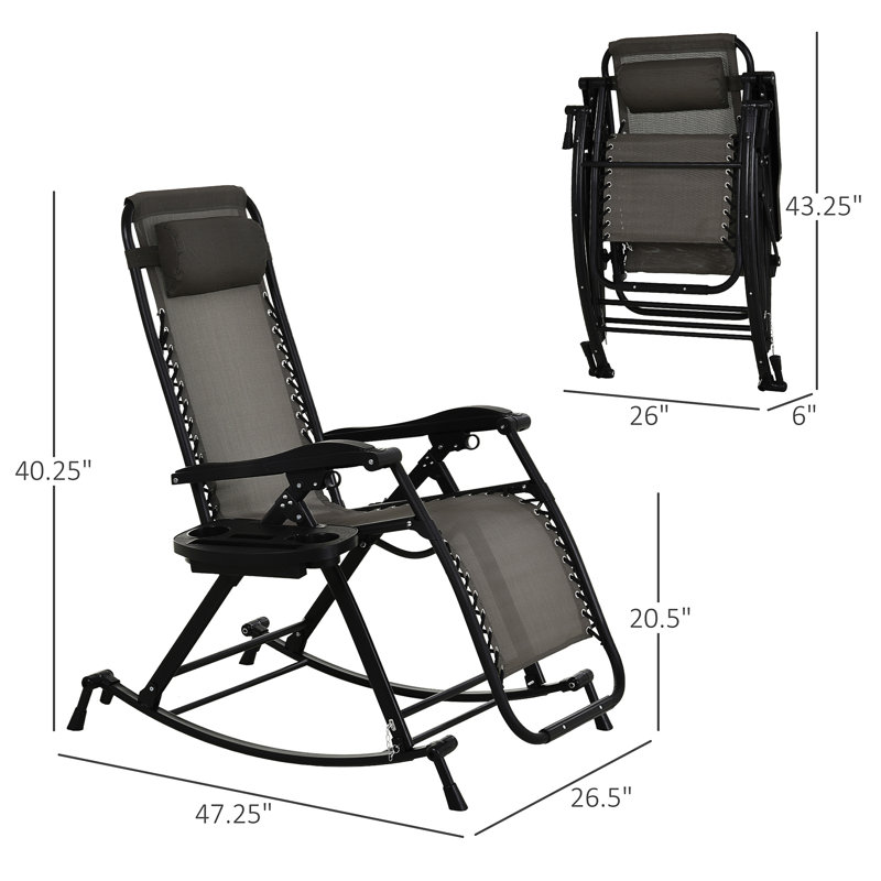 Outdoor Rocking Chairs, Foldable Reclining Anti Gravity Lounge Rocker W/ Pillow, Gray