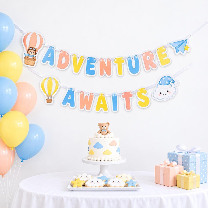 Bannière « L'aventure vous attend » pour fête prénatale, guirlande de montgolfières avec ours en peluche et aviateur, décoration de fête de chambre d'enfant en carton bleu, pêche et jaune