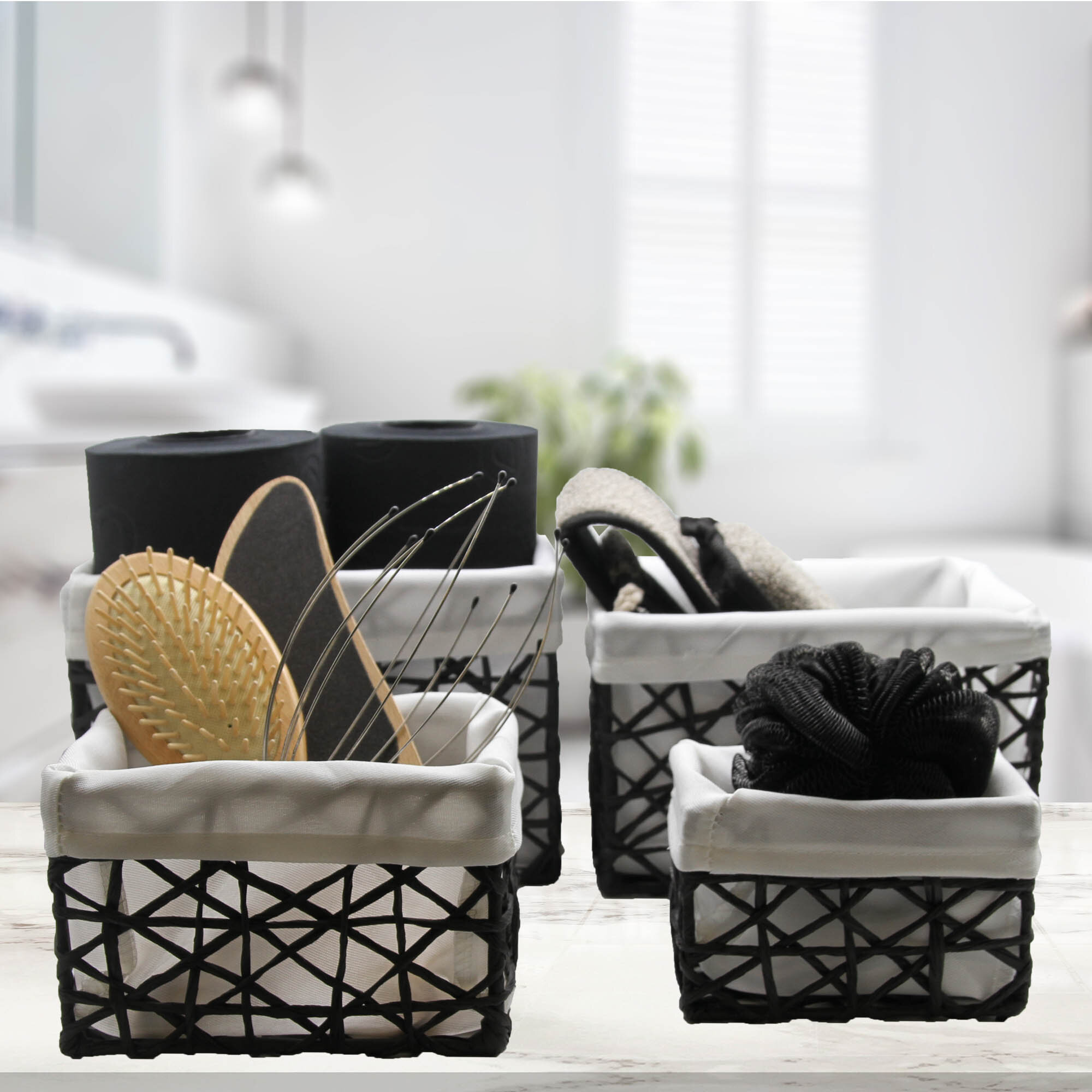 Sorbus Woven Paper Rope Baskets - 4 Piece Set, Gray