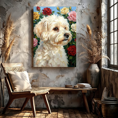 «White Dog Portrait with Roses», reproduction d'art sur toile de style peinture à l'huile florale, œuvre d'art florale blanche pour décoration intérieure, chambre à coucher, salon, bureau, décoration murale galerie