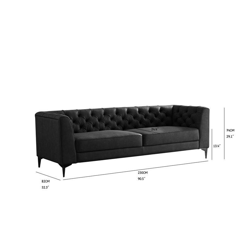 90" Leather Sofa, Mid Century Modern 4-Seater Couch, Button Tufted Design, Waterproof Faux Leather Upholstered Sofa With Metal Legs For Living Room, Apartment, Office (Brown)…