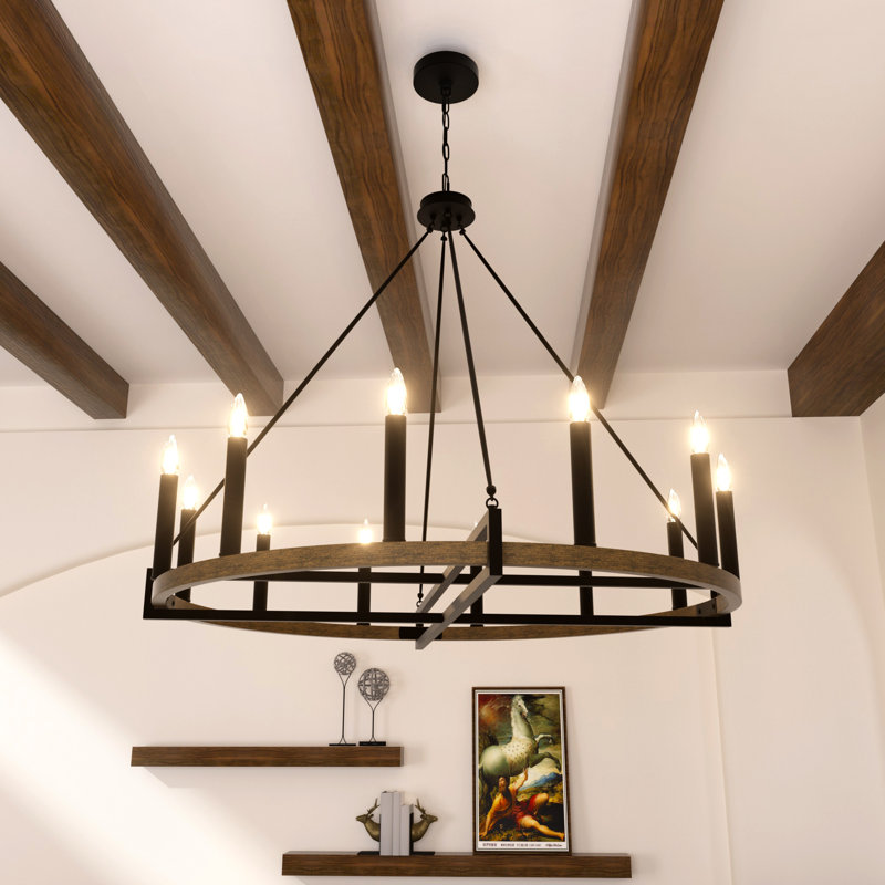 12 - Light Living Room Steel Dimmable Candle Style Wagon Wheel Chandelier UL Certified, Weathered Walnut/Antique Zinc