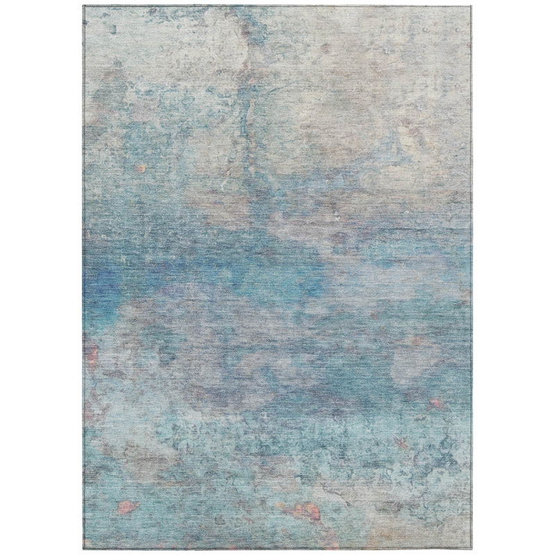 Tapis extérieur lavable abstrait 8 pi x 10 pi turquoise et beige, Rectangle 8 pi x 10 pi