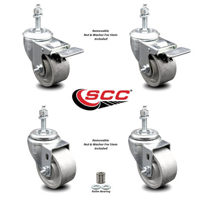 TS Caster Set 4 w/Roller Bearing-3" Wheel&3/8" Stems-2 w/TTL BRK