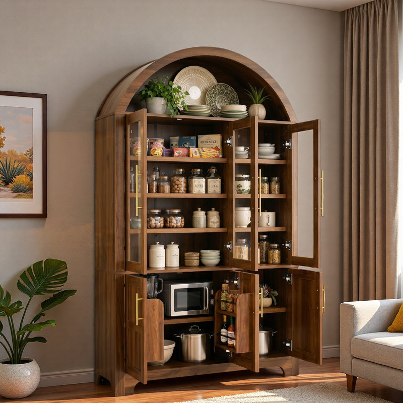 Garde-manger arqué avec portes en verre, tablettes arquées ouvertes, supports de rangement internes à 4 portes et tablettes réglables