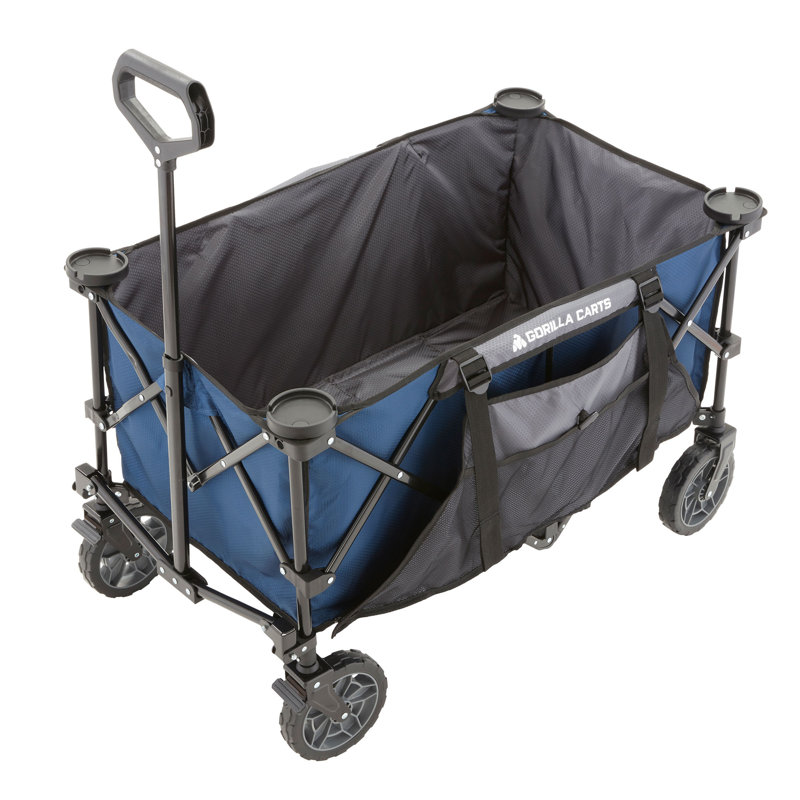 Blue Heavy-Duty Collapsible Outdoor Utility Wagon with Cup Holders