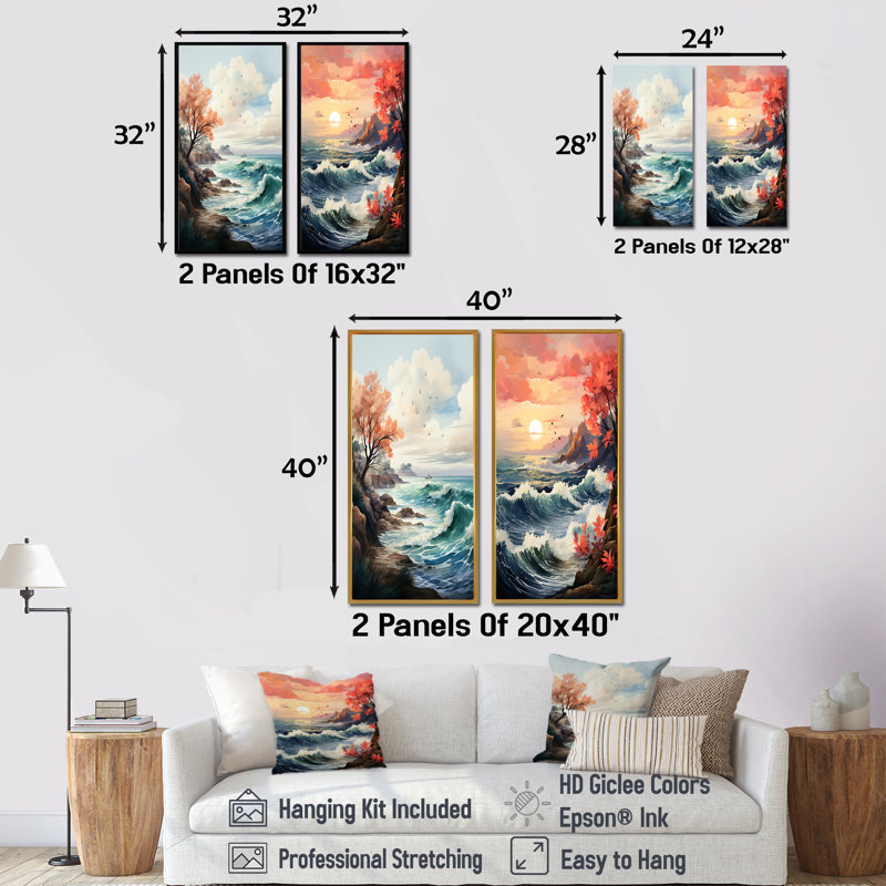 Seascape Capturing The Coastal Spirit I - Coastal Beach Canvas Art Print Set Of 2, 32" H x 33" W, Gold Framed