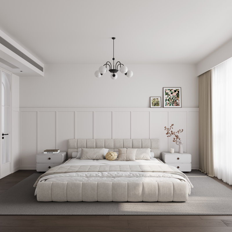 Chenille Upholstered Bed Frame With Headboard, Beige, King