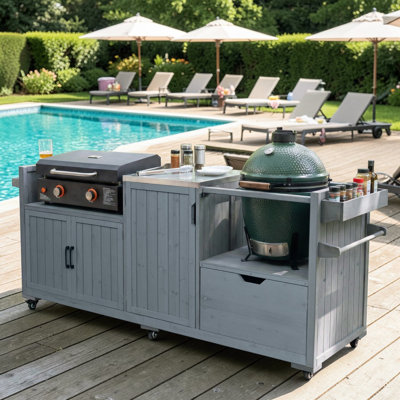 Îlot de cuisine 80,5 po, station de table de barbecue tout-en-un, bois massif, plateau en acier inoxydable 201, maison de campagne moderne, patio