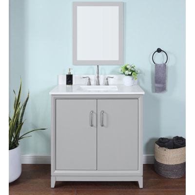 Meuble-lavabo simple 36 po Luton avec comptoir en quartz blanc, lavabo et dosseret. Gris moderne. Pré-assemblage