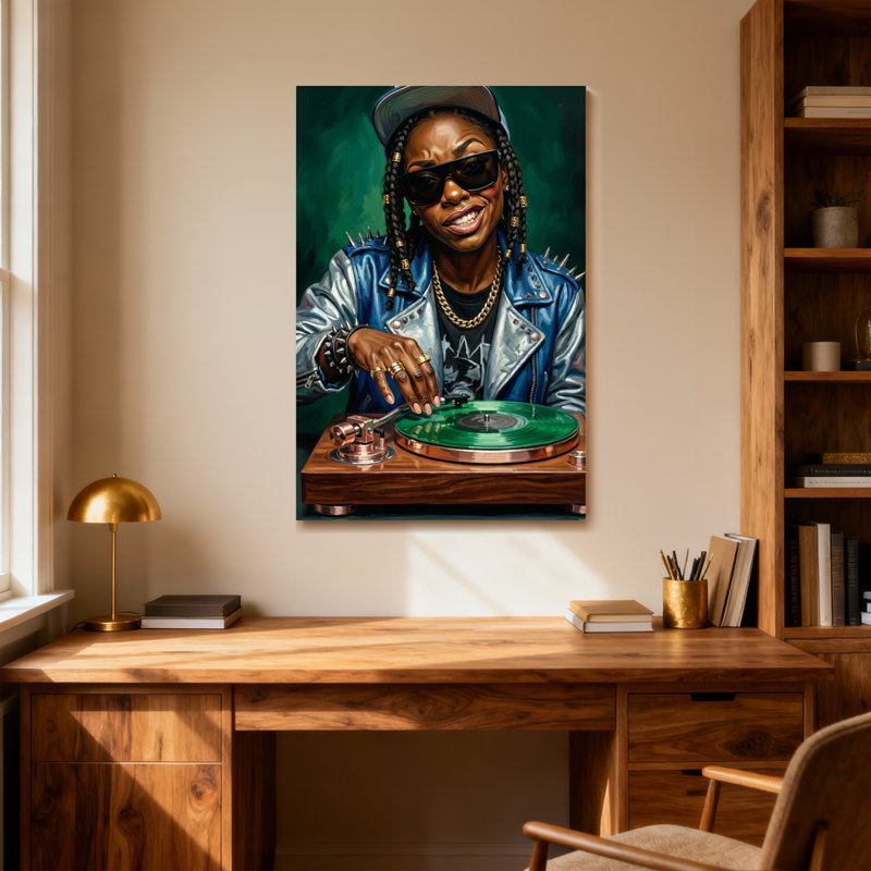 Fashion DJ avec disque vinyle vert sur platine