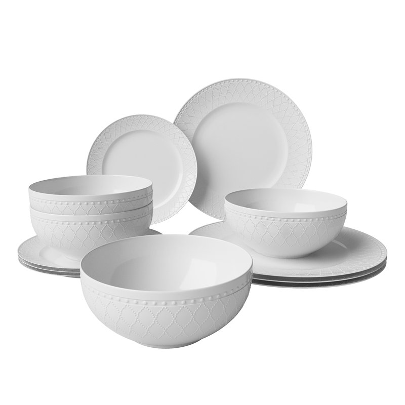 Vaisselle en os blanc gaufré blanc avec motif léger et résistant aux ébréchures, 12