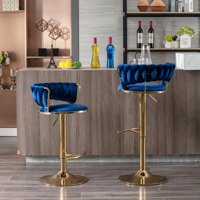 Set Of 2  Bar Stools,With Chrome Footrest And Base Swivel Height Adjustable Mechanical Lifting Velvet + Golden Leg Simple Bar Stool