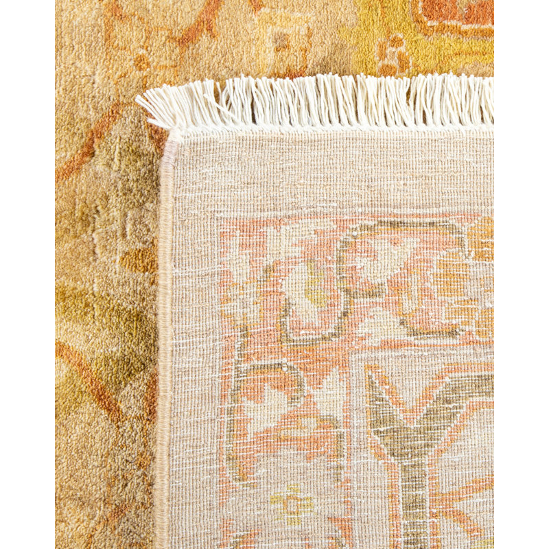 Tapis jaune noué à la main de conception unique et unique 8 pi 1 po x 10 pi 3 po Linay Mogul