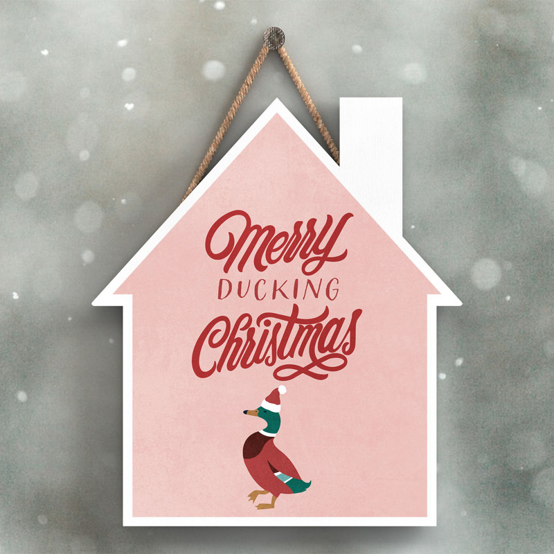 Xmas Merry Ducking Christmas Wooden House Plaque, 18.5cm H x 16cm W x 0.9cm D