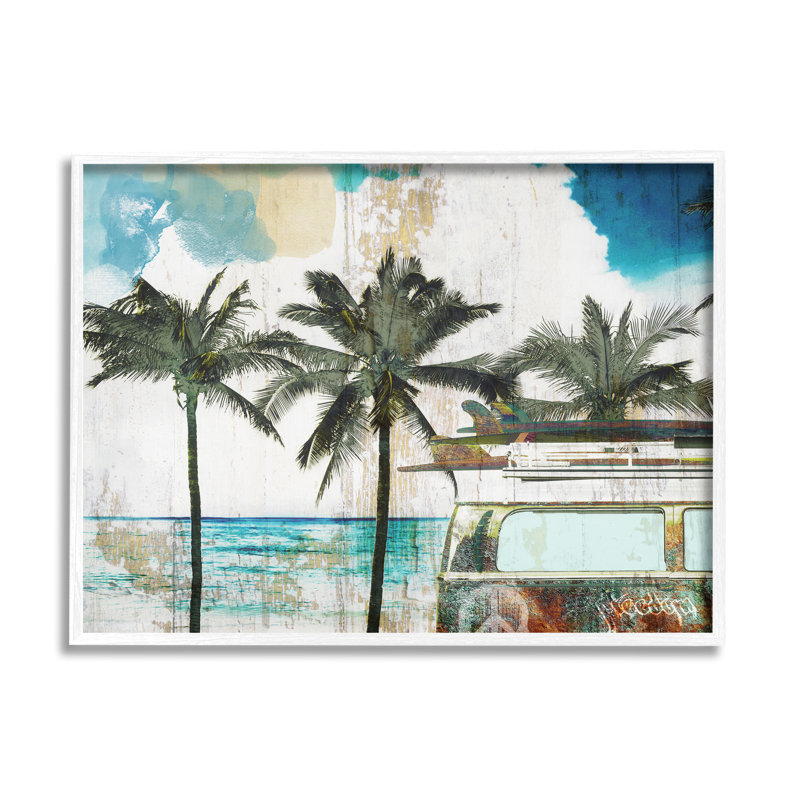 «Rustic Holiday Palm Trees», art mural texturé par Sophie 6, H 11 po x l 14 po x P 1,5 po, Giclée encadrée blanc bord de mer