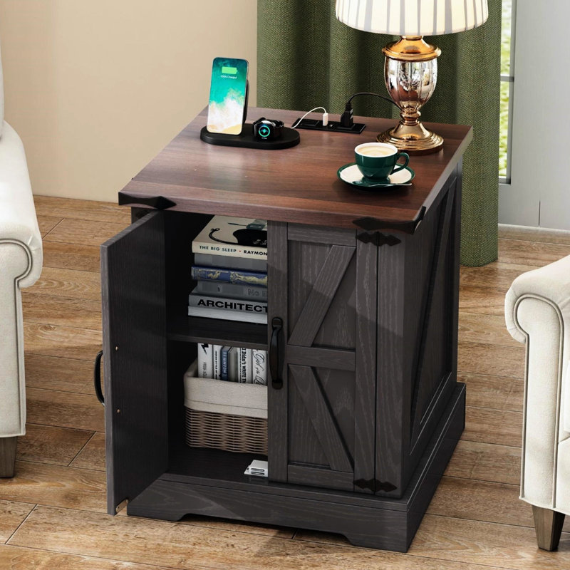 Table de bout de style rustique avec charge - Tablette latérale réglable en noyer gris et portes de grange pour porte de salon