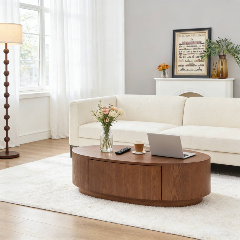 47.24" Dark Walnut Oval Coffee Table, MDF Center Table With Drawer For Living Room Apartment Condo, Dark Walnut