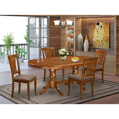 Ensemble de salle à manger 5 pièces comprenant une table ovale en bois avec rallonge papillon et 4 chaises de salle à manger en lin, 107 x 198 cm, brun selle