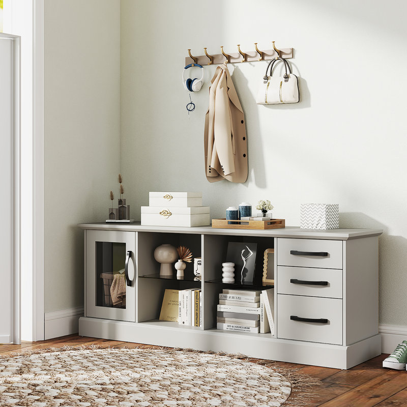 Console 63 po avec 3 tiroirs et 2 tablettes en verre, trous de câbles pour le salon, Gris