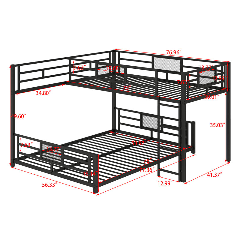 Kelvisha L-Shaped Metal Twin Over Full Size Bunk Bed, Black