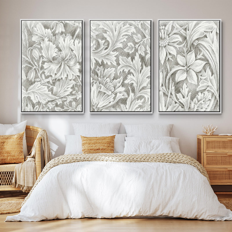 Ensemble de 3 reproductions de motifs floraux sur toile I, Blanc, H 27 po x l 54 po