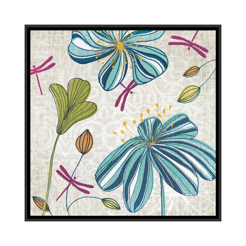 « fleurs & libellules », reproduction d’impression sur toile tendue, H 18 po x l 18 po x P 1,5 po, Toile encadrée noire