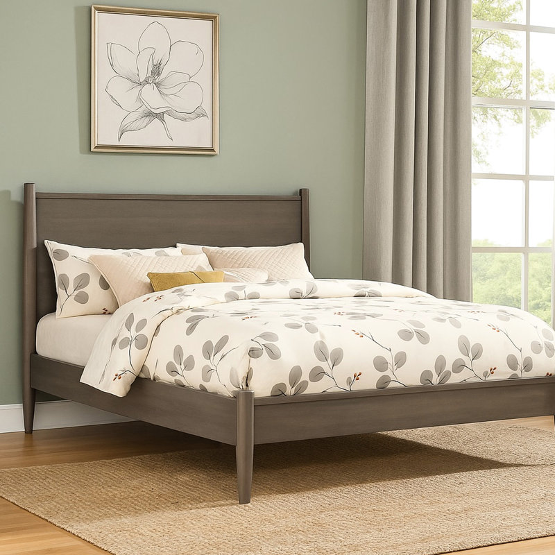 Lit plateforme en bois très grand Mid-Century gris moderne, structure de lattes de soutien, pieds fuselés ronds, lit sans sommier nécessaire avec nécessaire de support pour matelas, nécessaire