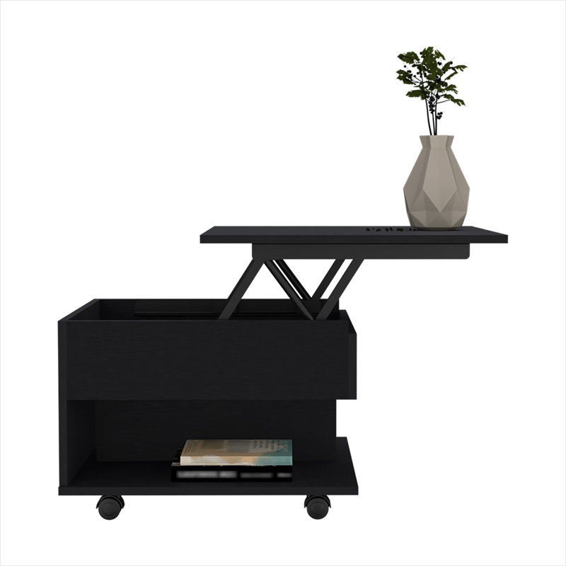 Table basse industrielle de style loft noir avec espace de travail relevable et roulettes verrouillables