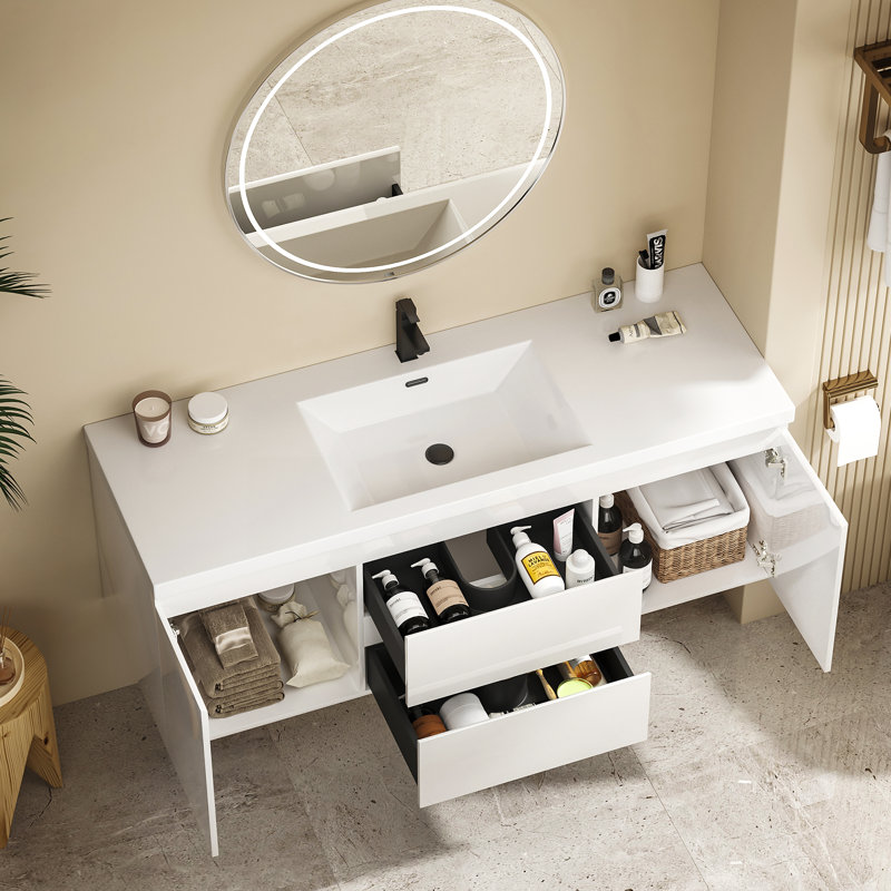 Meuble-lavabo simple 59,1 po avec comptoir et deux tiroirs, ensemble de meuble-lavabo mural flottant (robinet non inclus), entièrement assemblé