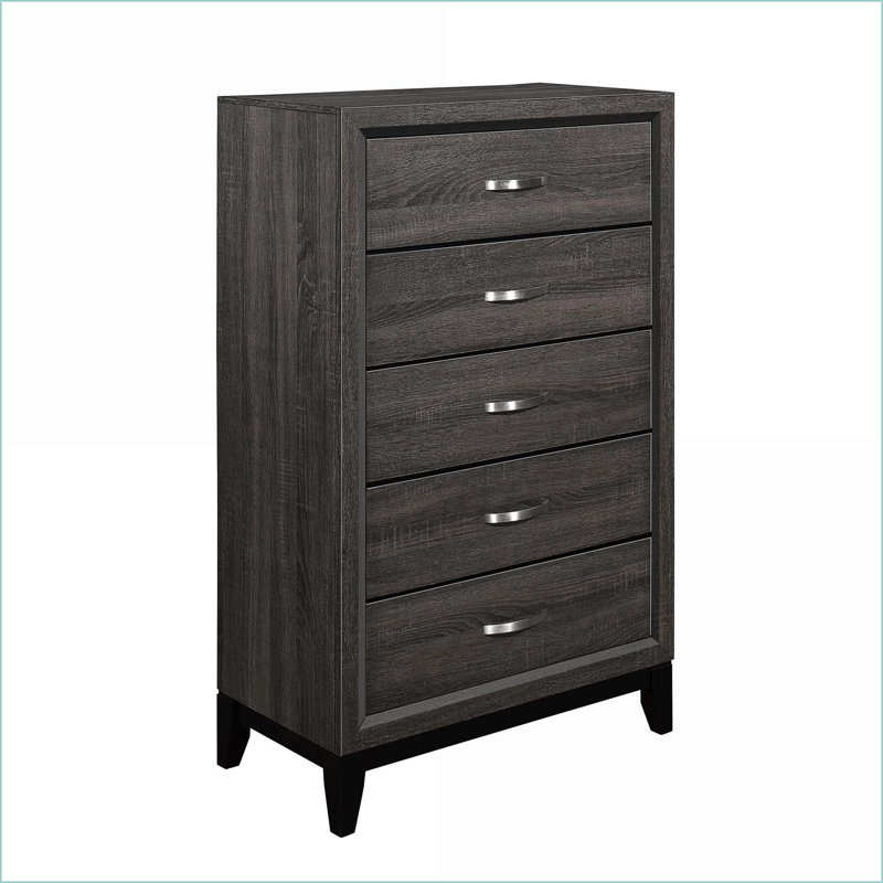 Commodes et amp; Armoire, commode 5 tiroirs grise contemporaine avec poignées en chrome poli | Gris | Bois