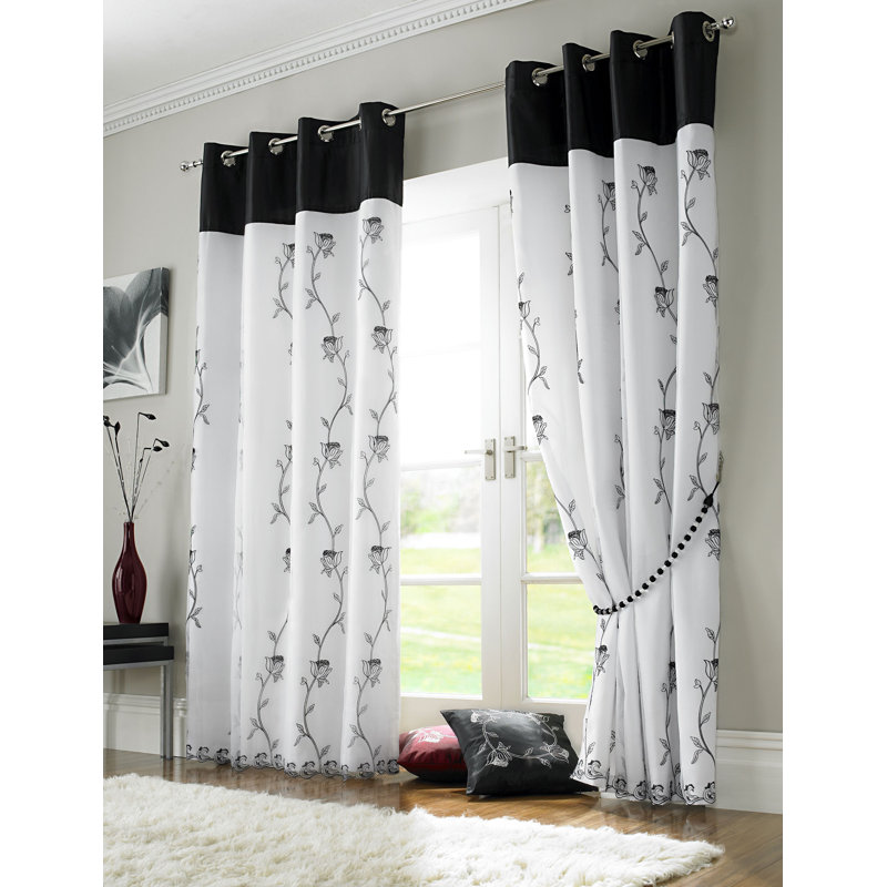 Woodsburgh Tahiti Lined Eyelet Semi Sheer Curtains, 142 W x 137 D cm, Black