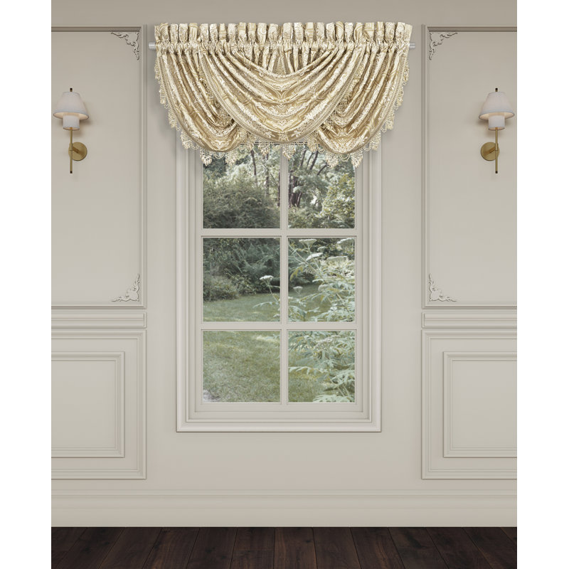 Champagne Jacquard Damask Waterfall Valance with Crystal Tassel Fringe