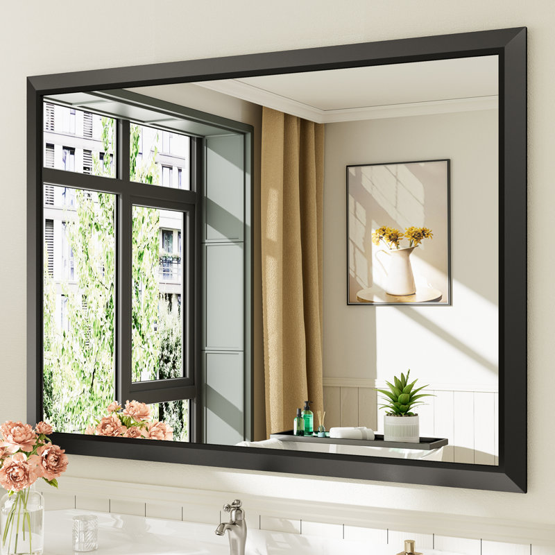 Miroirs de salle de bain modernes et contemporains en métal biseauté rectangulaire / carré avec verre trempé HD, Noir mat