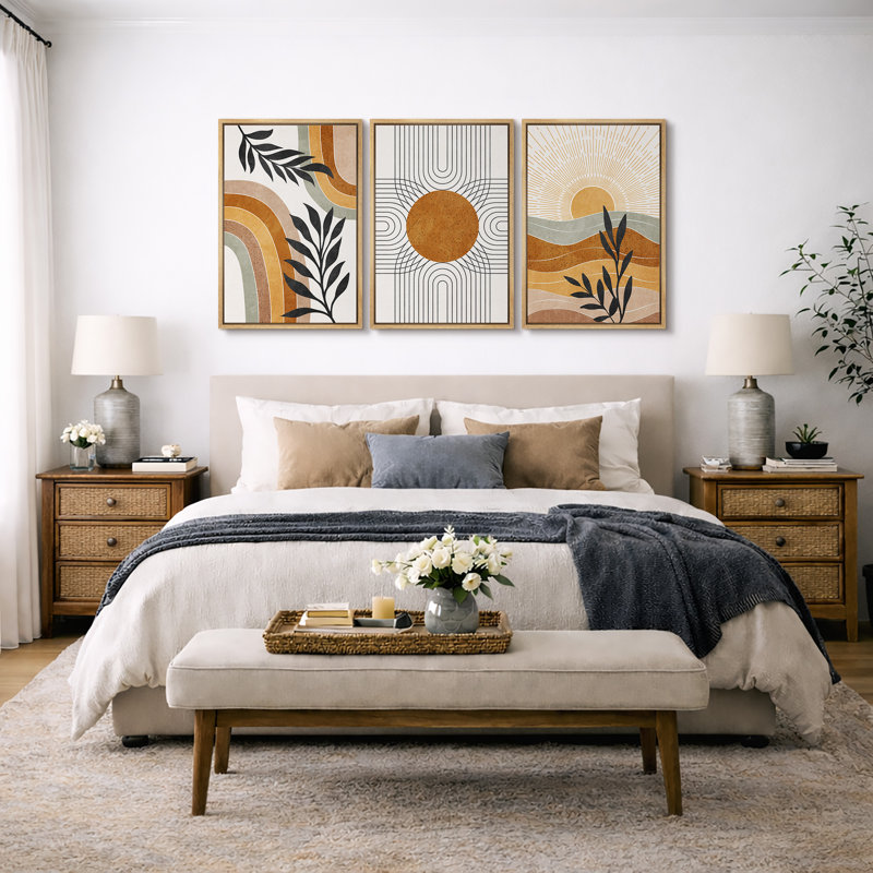 "Mid Western Modern Boho" Western Orange Brown Sun, H 36 po x l 72 po, Naturel