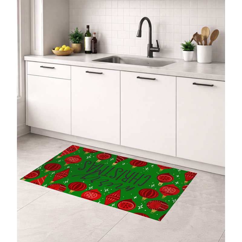 Ornaments Merry Christmas Green Low Profile Kitchen Mat, Rectangle 5' x 7', Green